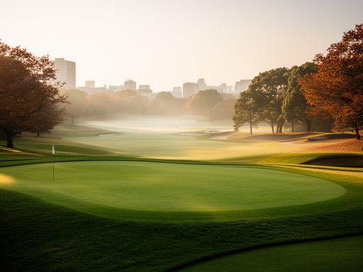 東京文京区のHanagasumi Greensゴルフコース全景、早朝の陽光に輝くフェアウェイとグリーン